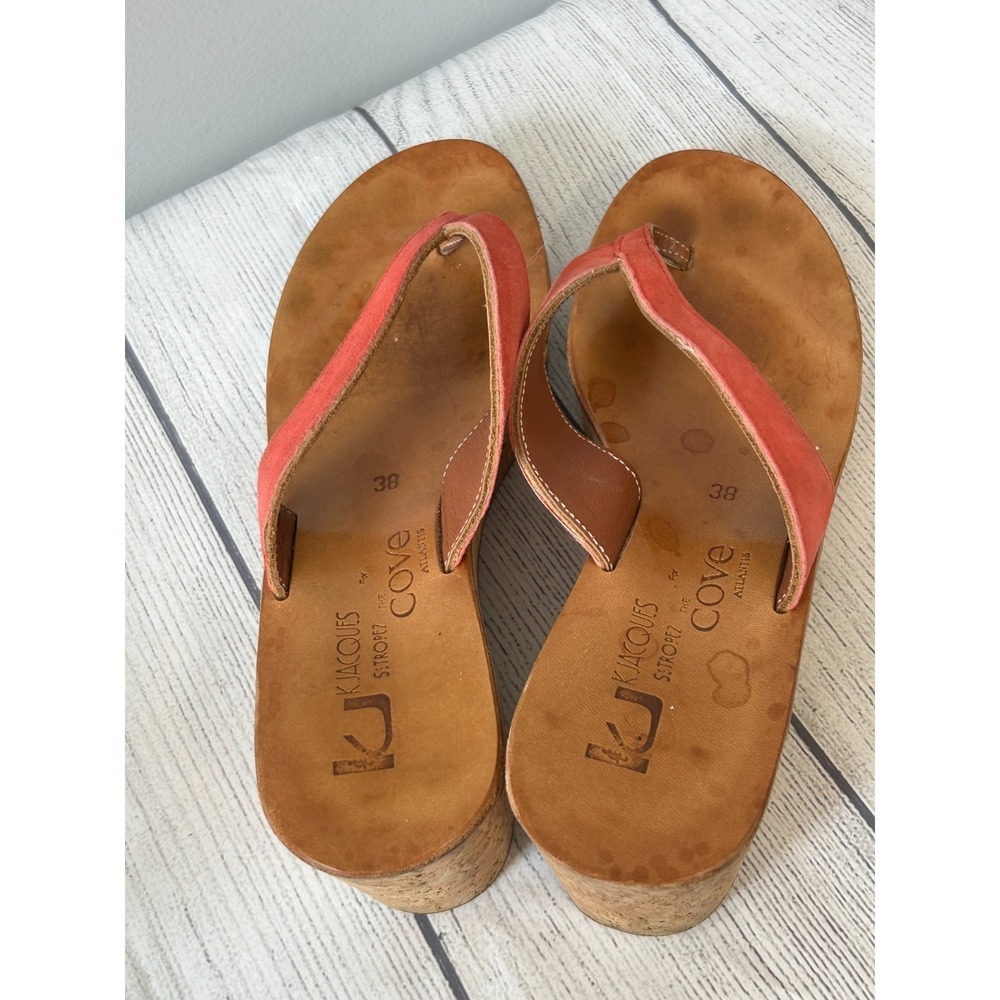 K Jacques St Tropez Diorite Sandals 8 Red Leather Cork Wedge Thong Slip On Boho - Picture 9 of 13